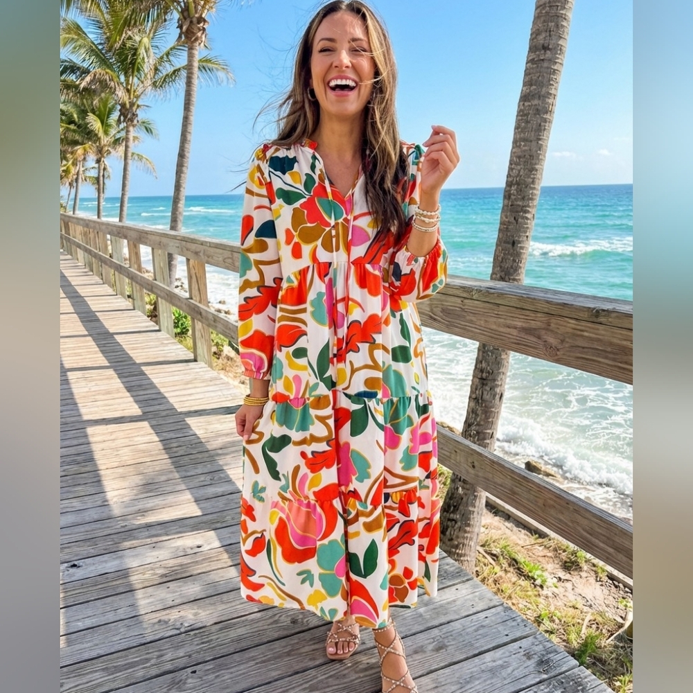 Lovesoft Orange Floral Print Split Vneck Tiered Maxi Dress